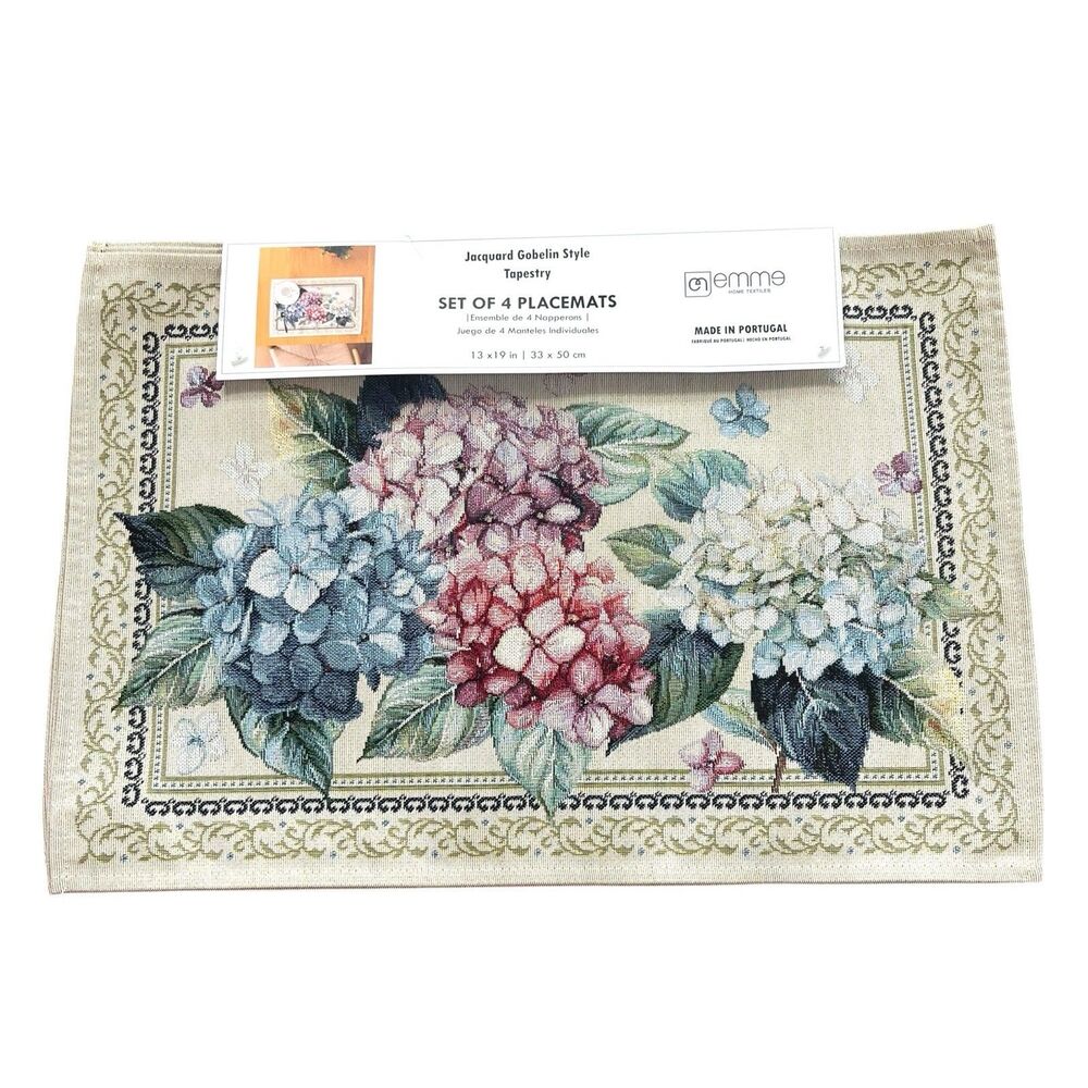 EMME Jacquard Gobelin Tapestry 4 Table Placemats Floral Hydrangea Cottage NEW